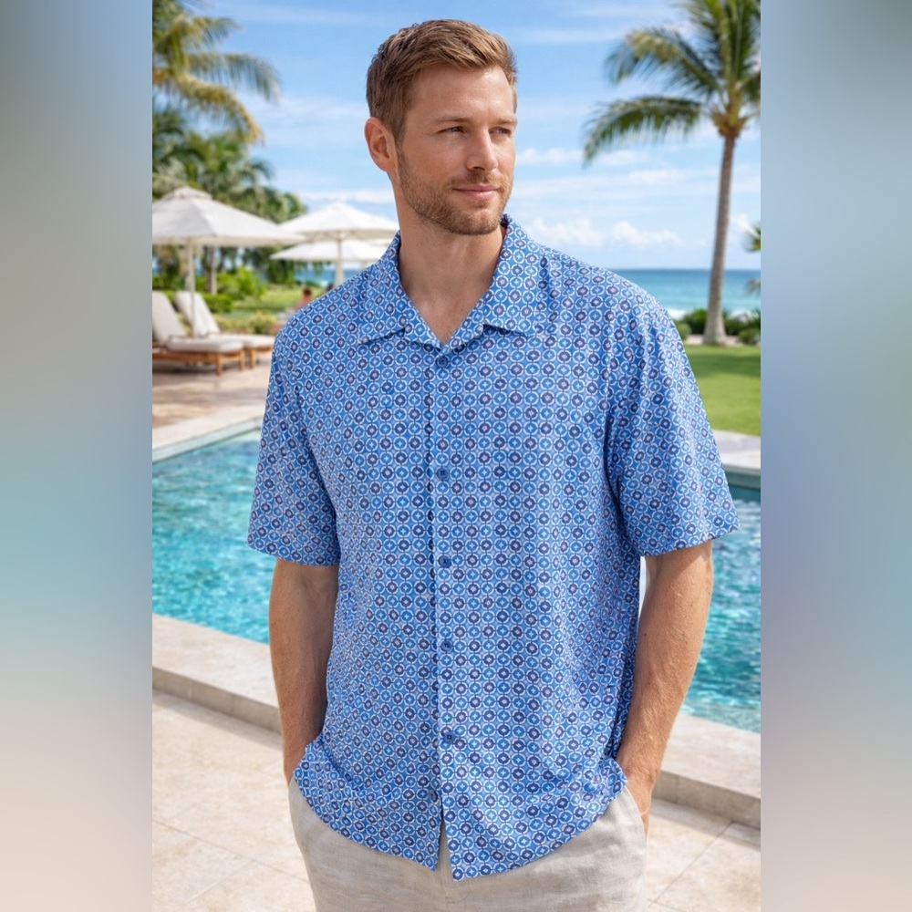 Trient Men’s 100% Silk Resort Button-Down Shirt Blue Print Size XL - Picture 5 of 5